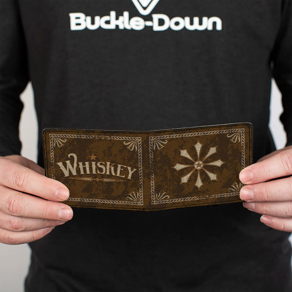 Buckle-Down Bi-Fold Wallet - Western WHISKEY Star With Text Shadow Repeat Browns Tan