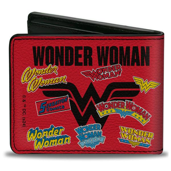 Buckle-Down Bi-Fold Wallet - WONDER WOMAN Anniversary Logos Collage Red/Multi Color