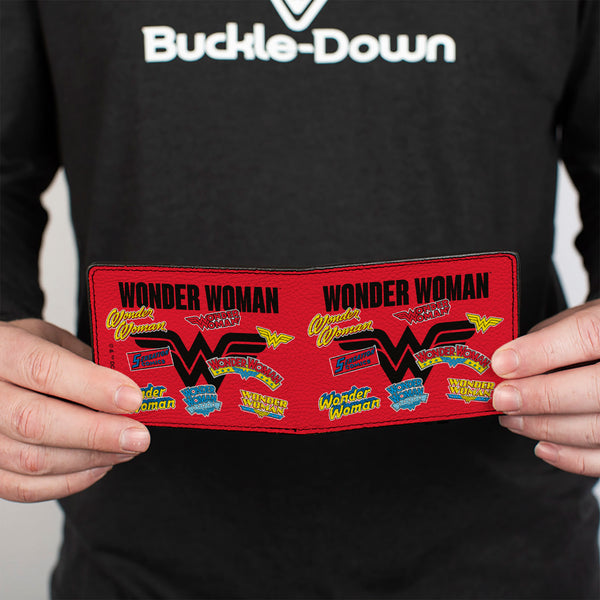 Buckle-Down Bi-Fold Wallet - WONDER WOMAN Anniversary Logos Collage Red/Multi Color