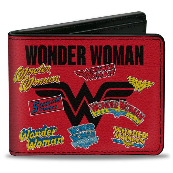 Buckle-Down Bi-Fold Wallet - WONDER WOMAN Anniversary Logos Collage Red/Multi Color