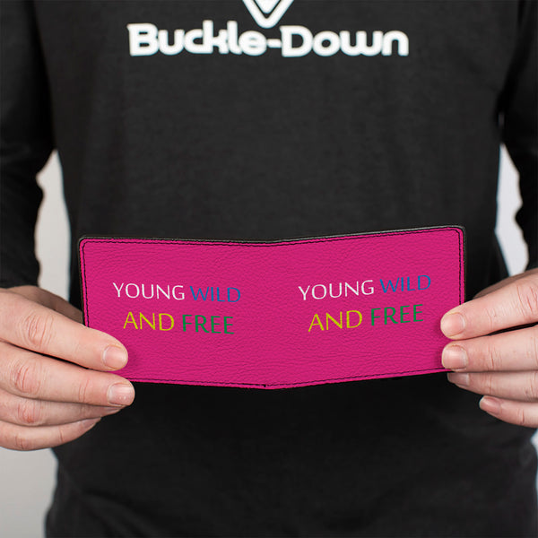 Buckle-Down Bi-Fold Wallet - YOUNG WILD AND FREE Pink White Blue Yellow Green