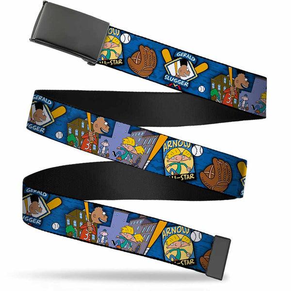 Buckle-Down Black Buckle Web Belt - Arnold ALL-STAR/Gerald SLUGGER Baseball Poses Blue Webbing