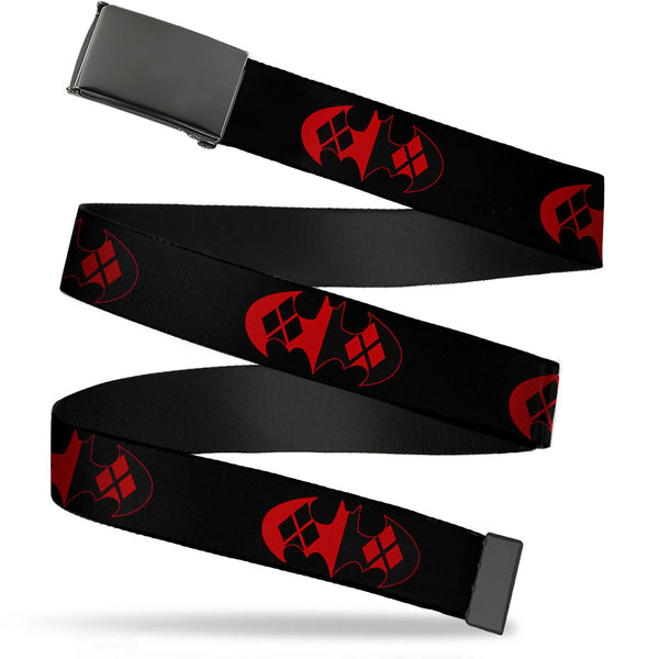 Buckle-Down Black Buckle Web Belt - Bat Logo/Harley Quinn Diamonds Black/Red Webbing