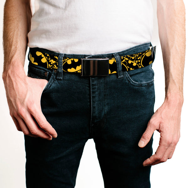 Buckle-Down Black Buckle Web Belt - Bat Signals Stacked W/CLOSE-UP Yellow/Black Webbing