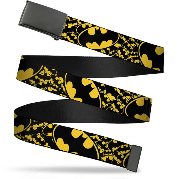 Buckle-Down Black Buckle Web Belt - Bat Signals Stacked w/CLOSE-UP Yellow/Black Webbing