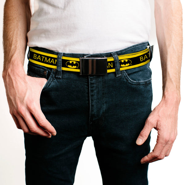 Buckle-Down Black Buckle Web Belt - BATMAN/Logo Stripe Yellow/Black Webbing