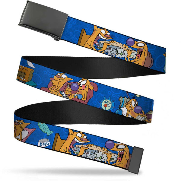 Buckle-Down Black Buckle Web Belt - CatDog Hanging Out Poses Blue Webbing