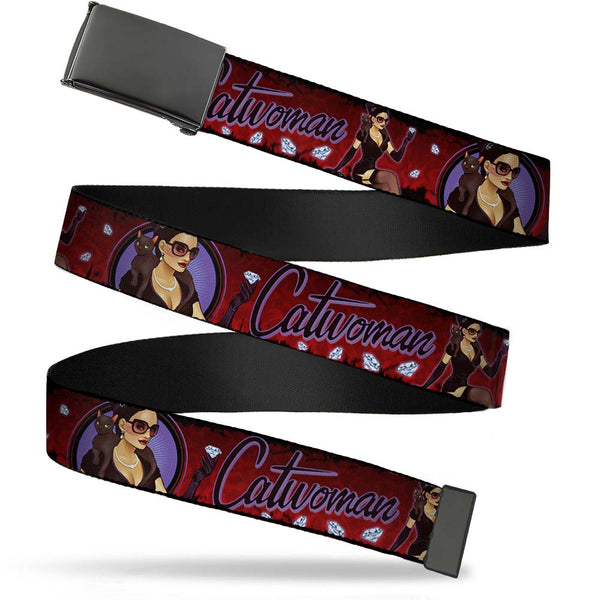 Buckle-Down Black Buckle Web Belt - CATWOMAN Bombshell Pose/Diamonds Red/Purple/Black Webbing