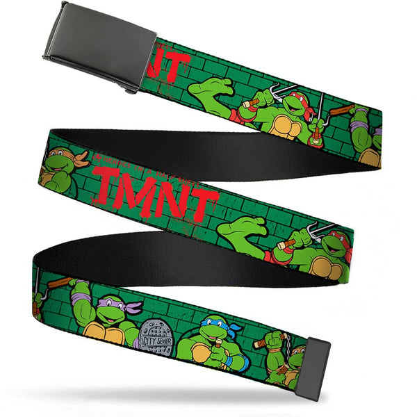 Buckle-Down Black Buckle Web Belt - Classic Teenage Mutant Ninja Turtles Group Pose2/TMNT Green Brick Wall Webbing