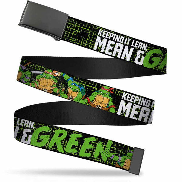 Buckle-Down Black Buckle Web Belt - Classic TMNT Group Pose6/KEEPING IT LEAN MEAN & GREEN Black/Green/White Webbing