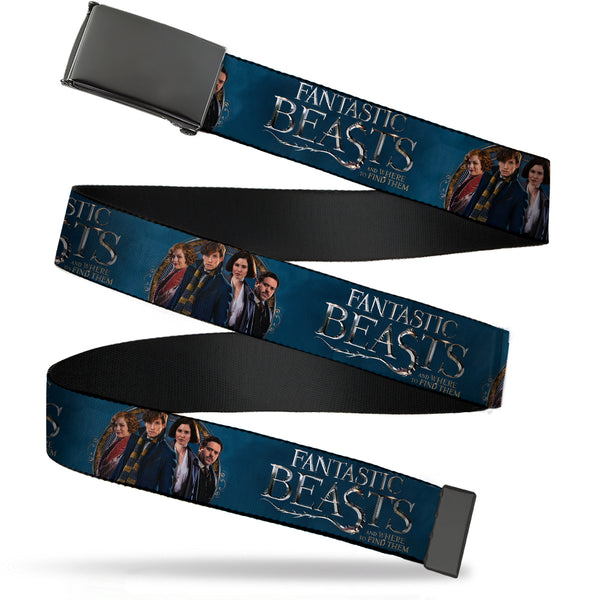 Buckle-Down Black Buckle Web Belt - FANTASTIC BEASTS AND WHERE TO FIND THEM 4-Character Pose Blues/Silver/Golds Webbing