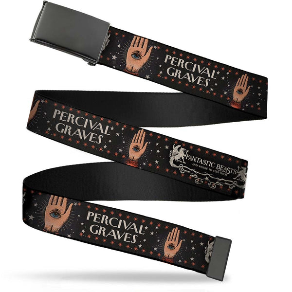 Buckle-Down Black Buckle Web Belt - FANTASTIC BEASTS PERCIVAL GRAVES/Eye in Hand Icon Charcoal/Red/White Webbing