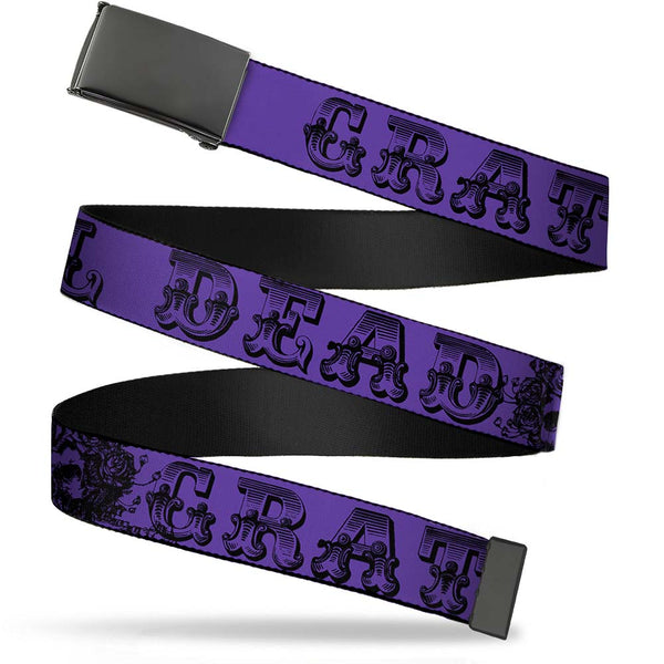 Buckle-Down Black Buckle Web Belt - Grateful Dead Text w/Skull & Roses Purple Webbing