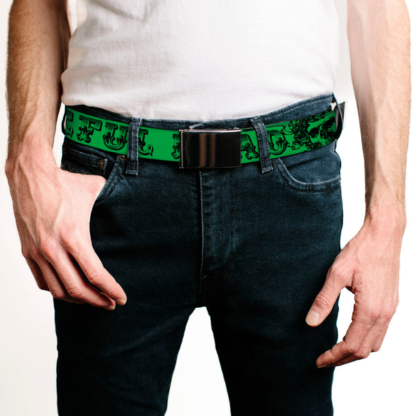 Buckle-Down Black Buckle Web Belt - Grateful Dead Text W/Skull & Roses Green Webbing