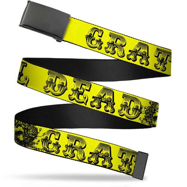 Buckle-Down Black Buckle Web Belt - Grateful Dead Text w/Skull & Roses Yellow Webbing