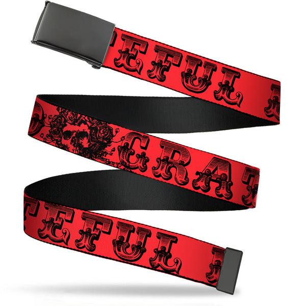 Buckle-Down Black Buckle Web Belt - Grateful Dead Text w/Skull & Roses Red Webbing
