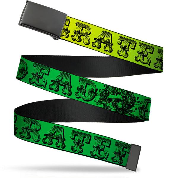 Buckle-Down Black Buckle Web Belt - Grateful Dead Text w/Skull & Roses Rainbow Fade Webbing
