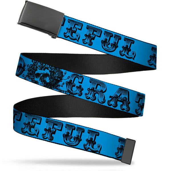 Buckle-Down Black Buckle Web Belt - Grateful Dead Text w/Skull & Roses Turquoise Webbing