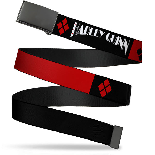 Buckle-Down Black Buckle Web Belt - HARLEY QUINN/Diamonds Black/Red/White Webbing