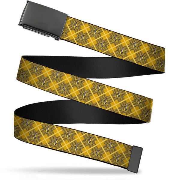 Buckle-Down Black Buckle Web Belt - Harry Potter Hufflepuff Crest Plaid Yellows/Gray Webbing