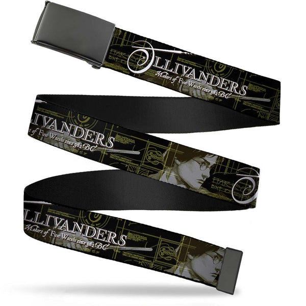 Buckle-Down Black Buckle Web Belt - Harry Potter Wand Pose/OLLIVANDERS-MAKERS OF FINE WANDS Black/Browns/Golds Webbing