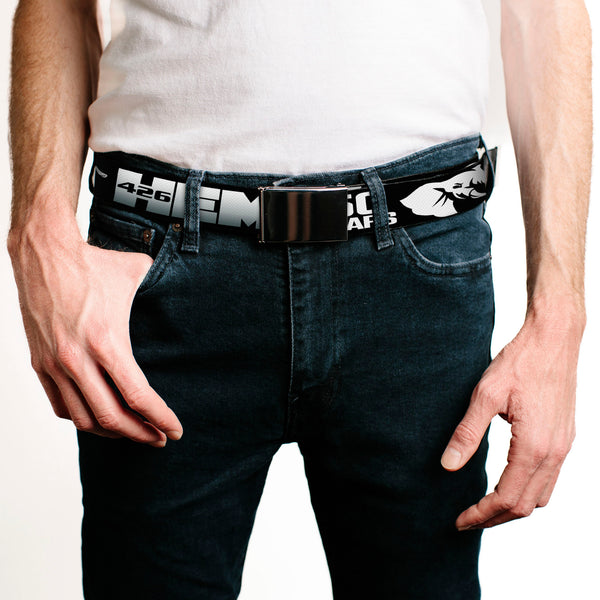 Buckle-Down Black Buckle Web Belt - HEMI 426/Elephant Logo 50 YEARS Black/White/Silver-Fade Webbing