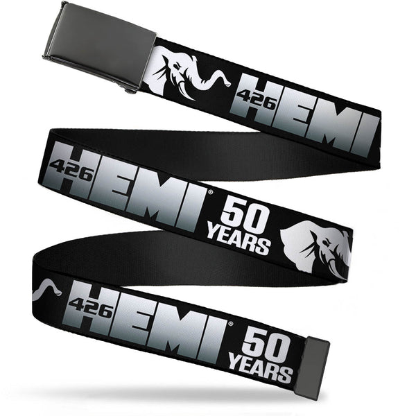 Buckle-Down Black Buckle Web Belt - HEMI 426/Elephant Logo 50 YEARS Black/White/Silver-Fade Webbing