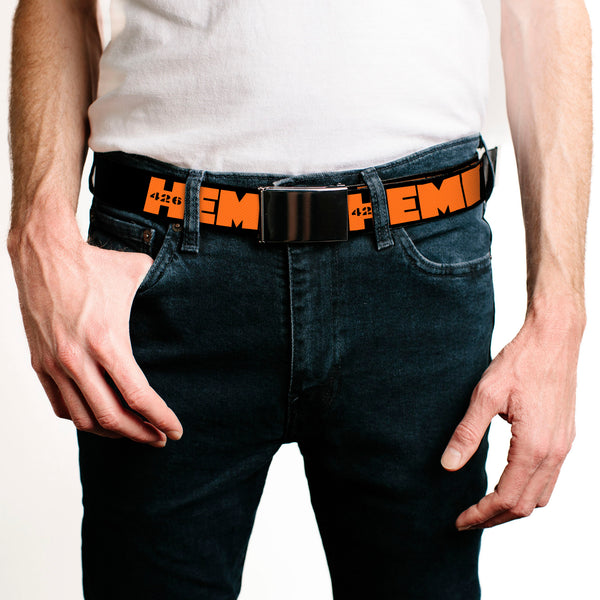 Buckle-Down Black Buckle Web Belt - HEMI 426 Logo Repeat Black/Orange Webbing