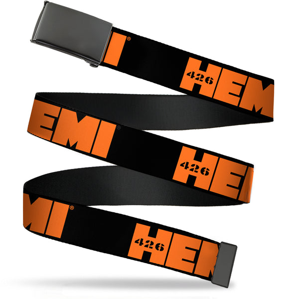 Buckle-Down Black Buckle Web Belt - HEMI 426 Logo Repeat Black/Orange Webbing