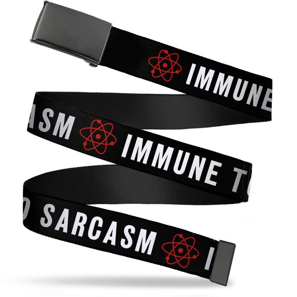 Buckle-Down Black Buckle Web Belt - IMMUNE TO SARCASM/Atom Black/White/Red Webbing