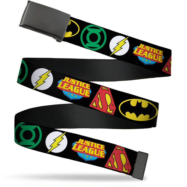 Buckle-Down Black Buckle Web Belt - Justice League Superhero Logos CLOSE-UP Black Webbing