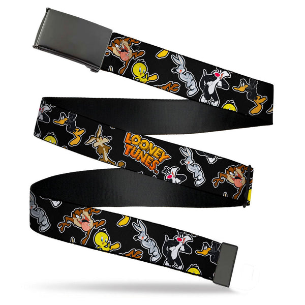 Buckle-Down Black Buckle Web Belt - LOONEY TUNES 6-Character Poses/Logo Scattered Black Webbing