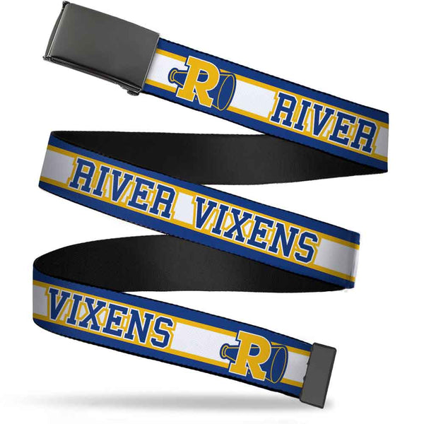 Buckle-Down Black Buckle Web Belt - RIVER VIXENS/Cheer Logo Stripe Blue/White/Yellow Webbing