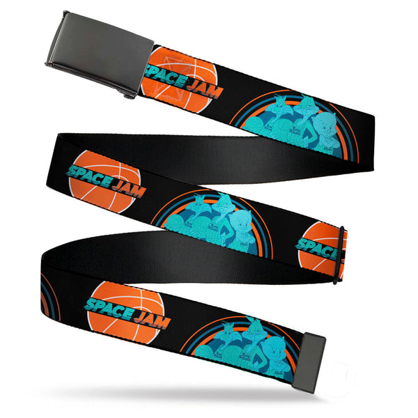 Buckle-Down Black Buckle Web Belt - SPACE JAM 2 Basketball Logo and Tune Squad 3-Character Group Pose Black/Blues/Orange Webbing