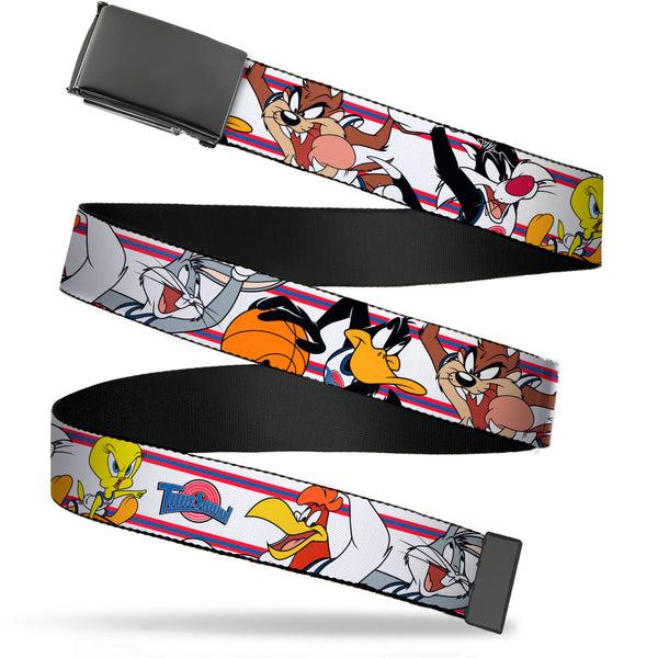 Buckle-Down Black Buckle Web Belt - Space Jam TUNE SQUAD 6-Player Poses Stripe White/Red/Blue Webbing