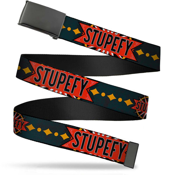 Buckle-Down Black Buckle Web Belt - STUPEFY Sunburst Charcoal/Black/Gold/Red/White Webbing
