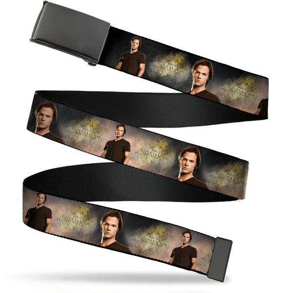 Buckle-Down Black Buckle Web Belt - SUPERNATURAL Pentagram/Sam Pose2 Tans Webbing