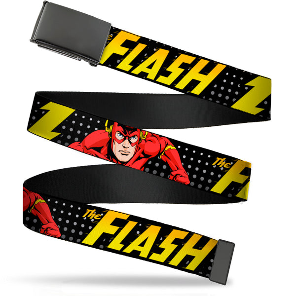 Buckle-Down Black Buckle Web Belt - THE FLASH Running Action Pose/Lightning Bolt Halftone Dots Black/Grays/Yellows Webbing