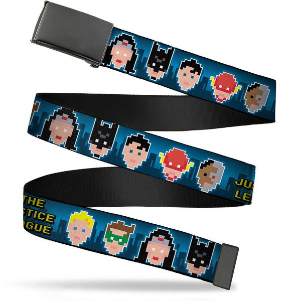 Buckle-Down Black Buckle Web Belt - THE JUSTICE LEAGUE 1-Bit 7-Superhero Faces Blues Webbing