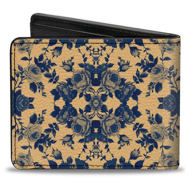 Buckle-Down Bi-Fold Wallet - Floral Collage Tan Blue