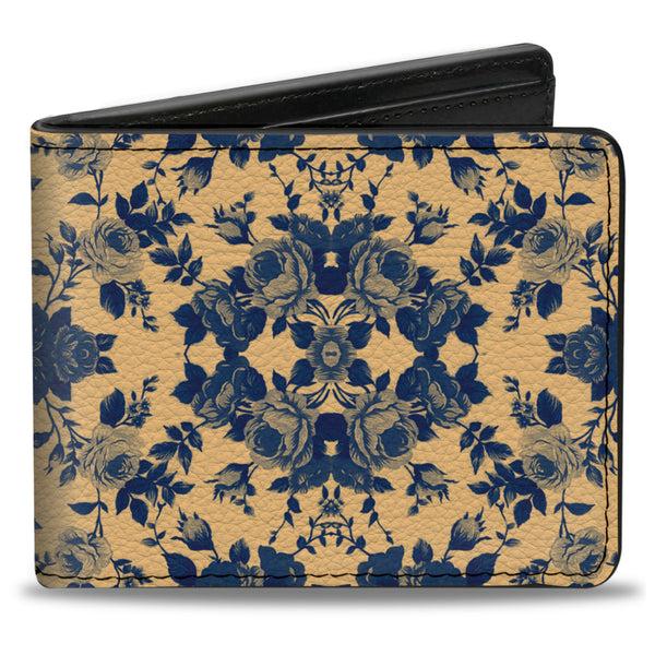 Buckle-Down Bi-Fold Wallet - Floral Collage Tan Blue