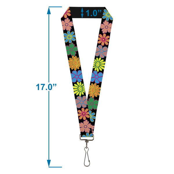 Buckle-Down Lanyard - 1.0" - Flowers Black Multi Color
