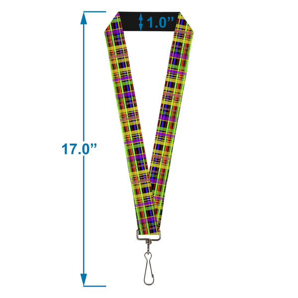 Buckle-Down Lanyard - 1.0" - Plaid Black Multi Neon