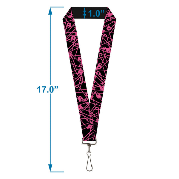 Buckle-Down Lanyard - 1.0" - Safety Pins Black Fuchsia