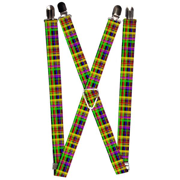 Buckle-Down Suspenders - 1.0" - Plaid Black/Multi Neon