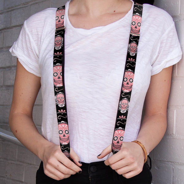 Buckle-Down Suspenders - 1.0" - Sugar Skulls Gray/Pink
