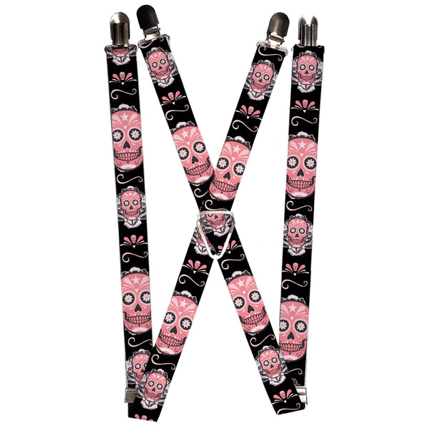 Buckle-Down Suspenders - 1.0" - Sugar Skulls Gray/Pink