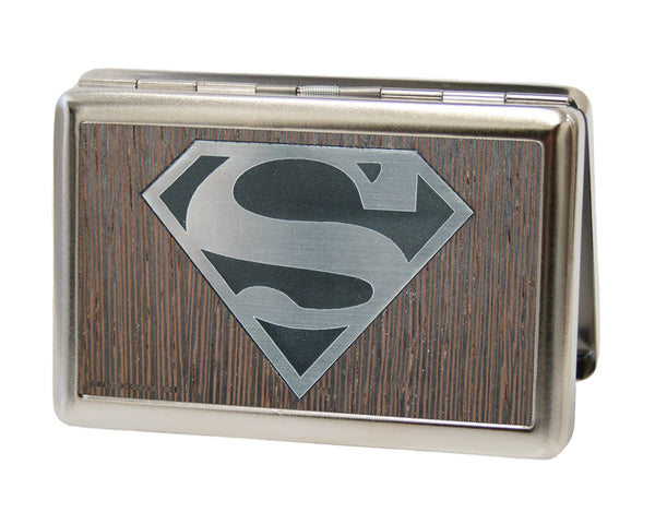 Buckle-Down Business Card Holder - LARGE - Superman Logo Marquetry Black Walnut Metal