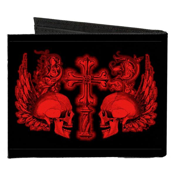 Buckle-Down Canvas Bi-Fold Wallet - BD Skulls W Wings Black Red