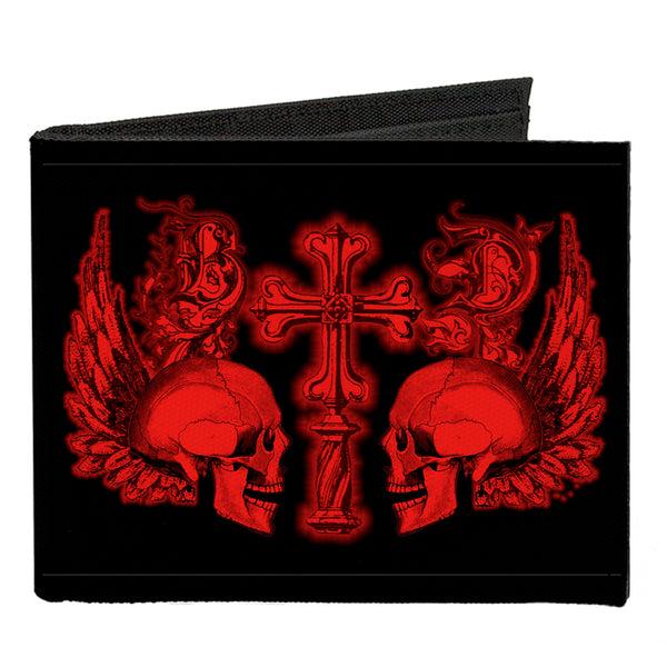 Buckle-Down Canvas Bi-Fold Wallet - BD Skulls w Wings Black Red